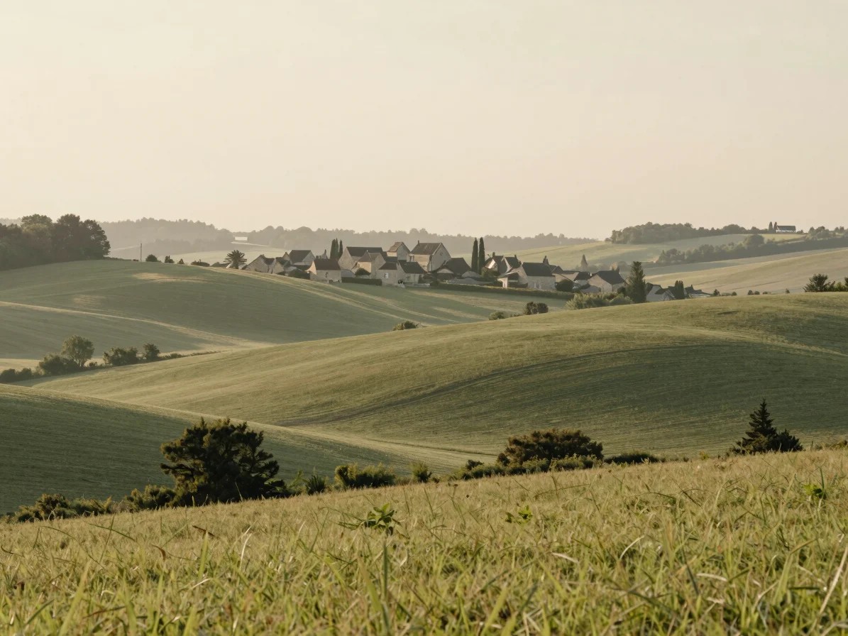 Wide panoramic shot of a serene rural landscape in Mayenne, Franc