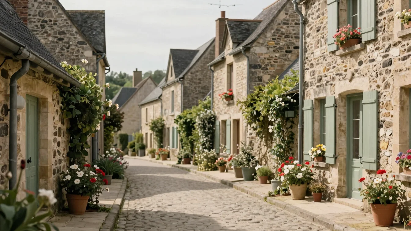 Charming narrow cobblestone street in a historic French village in Mayenne, stone houses with blooming flowers, soft aft
