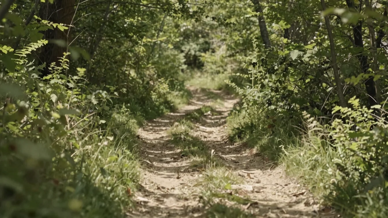 Lush green hiking trail winding through the Mayenne countryside, dappled sunlight filtering through trees, serene and pe