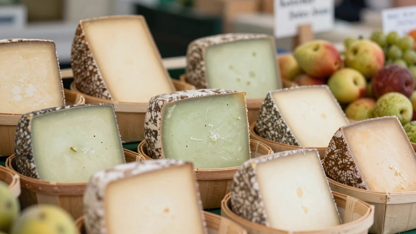 Close-up of a vibrant display of fresh local produce at a farmers' market in Mayenne, artisanal cheeses and fruits in ru
