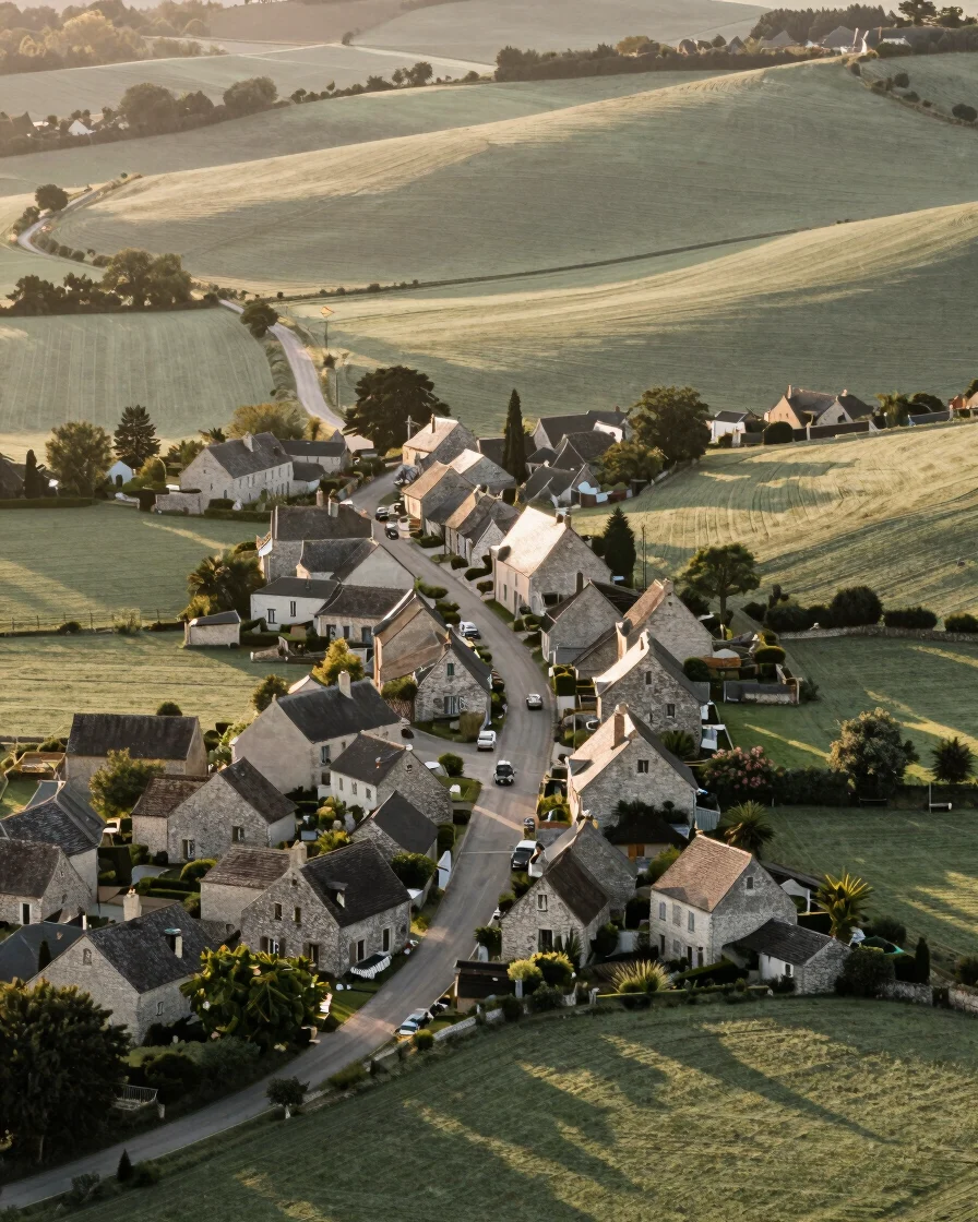 Aerial view of a small, tranquil French village nestled in rolling green hills of the Mayenne countryside, winding roads
